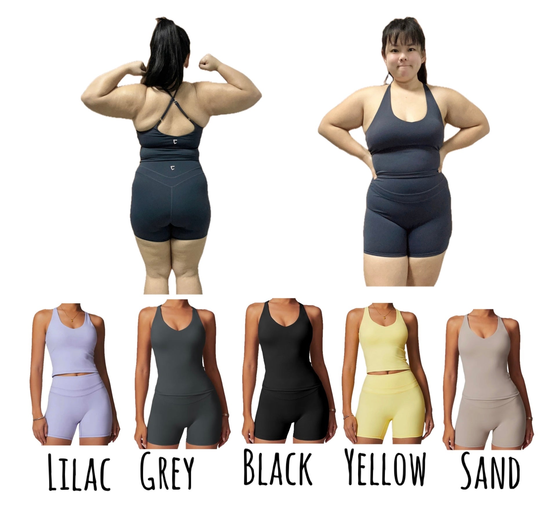 Everyday full length padded crossback tank top + shorts set (for lighter colours have to take note of panties’ choices)