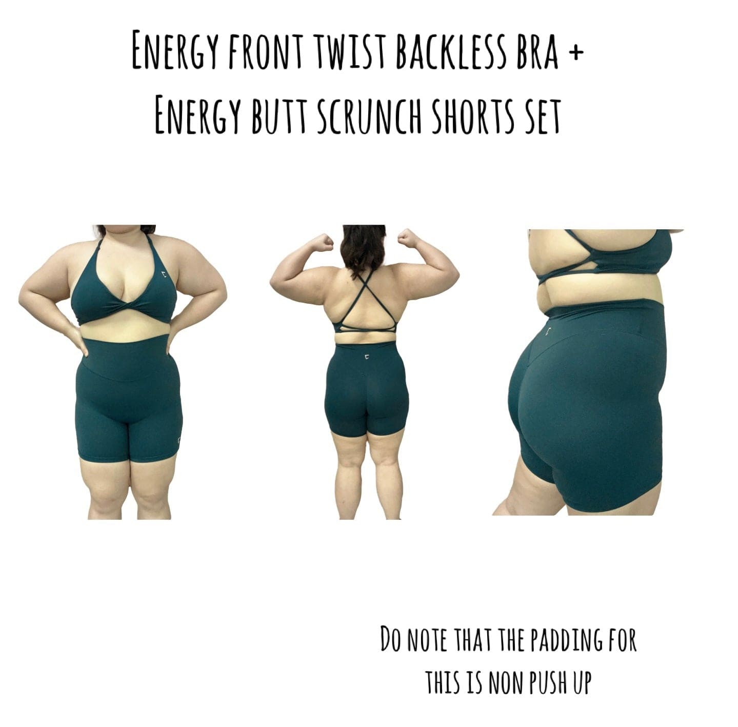Energy front twist backless bra (non push up padding) inner scrunch shorts set